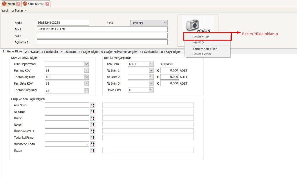 bilnex stok karti resim yukle