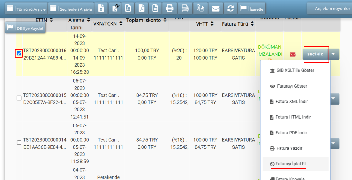 arsiv listesi iptal islemi